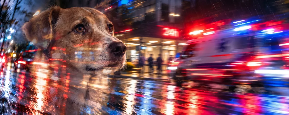 Composição artística: cão olhando para o lado, com ambulância desfocada sob chuva à noite e luzes azuis e vermelhas ao fundo.